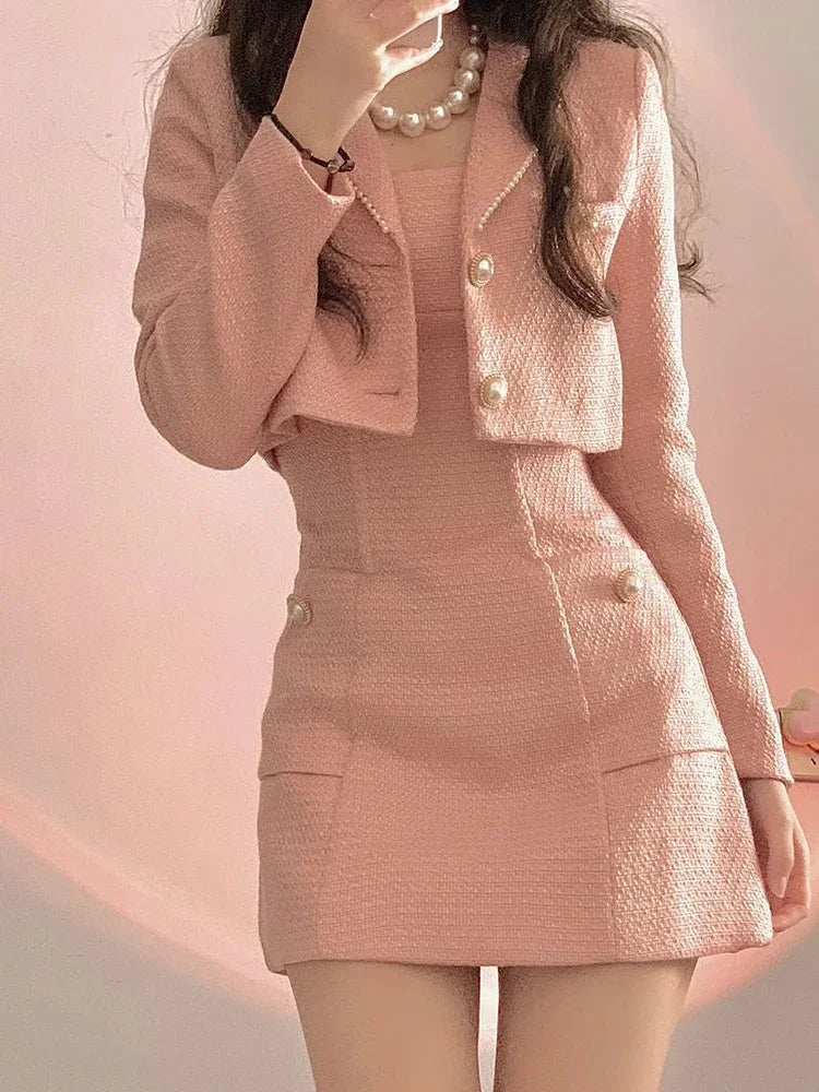 Voguable  Autumn Pink Elegant Two Piece Set Women Korean Style Balzer Coat+Strap Mini Dress Set Female Solid Casual Slim Designer Set 2024 voguable