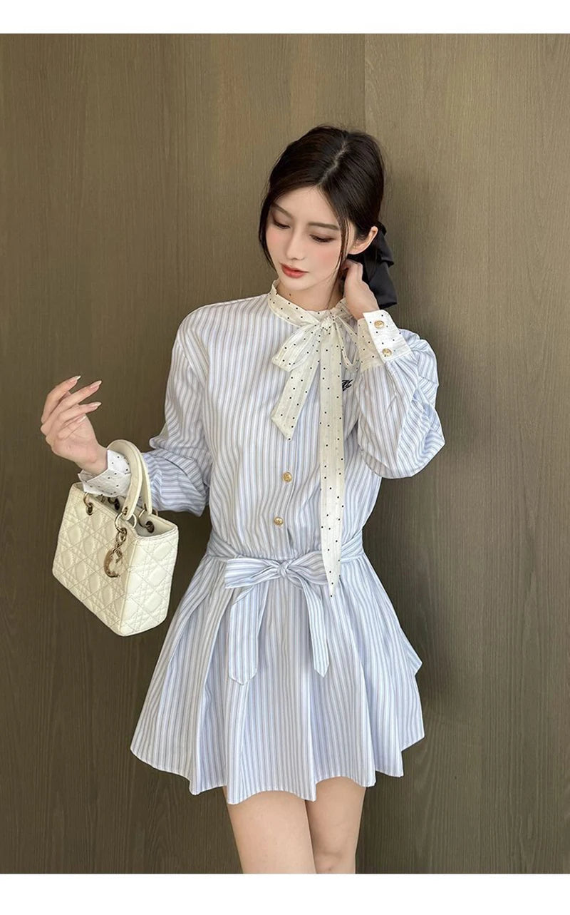 Korean Bow Striped Shirt Dress Women Casual Long Sleeve Elegant Sweet Mini Dress Vintage Patchwork Dot Female Design Dress voguable