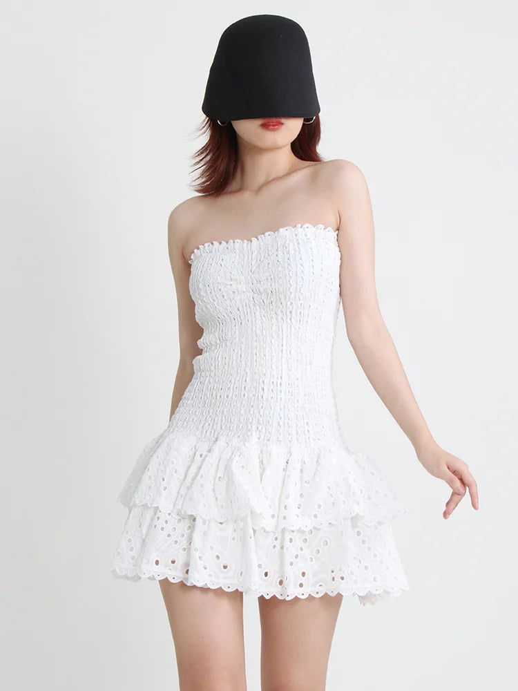 Cut Out Layered Hem Sexy Dress For Women Strapless Sleeveless Off Shoulder High Waist Mini Dresses Female Clothing voguable