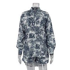 Voguable  Fashion Loose Print 3 Piece Shorts Sets Women Outfit 2024 Elegant Long Sleeve Shirt + Bra With High Waist Shorts Set Streetwear voguable
