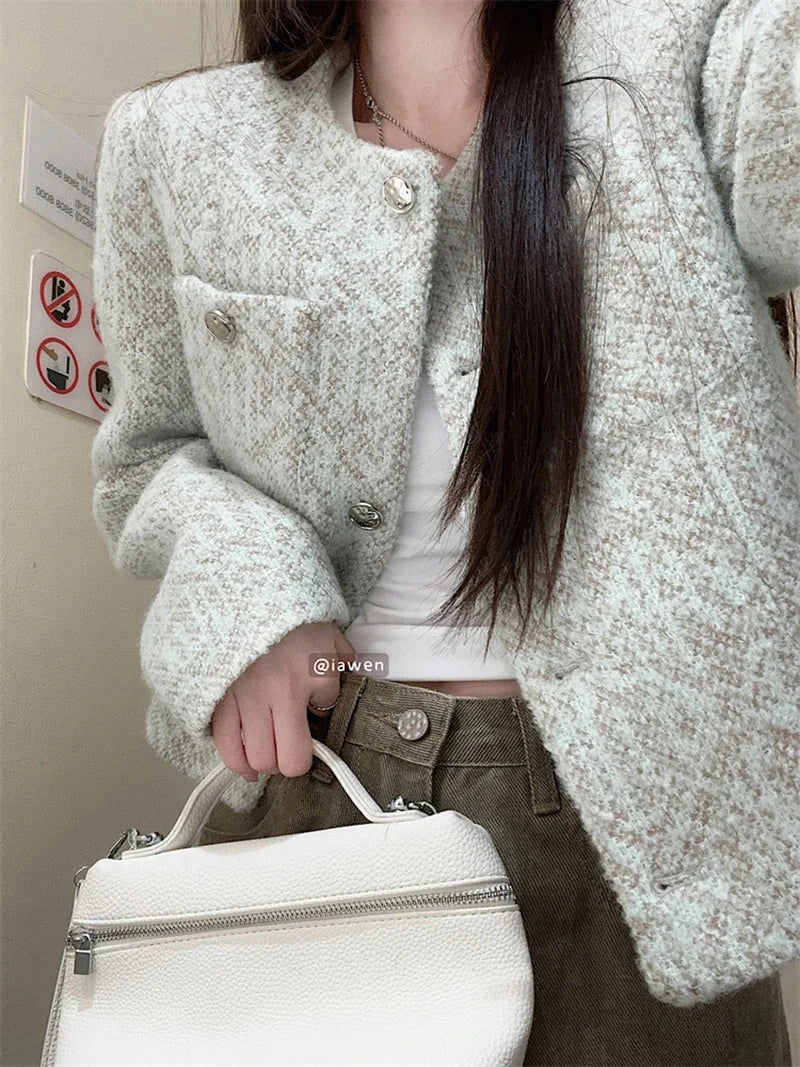 Sweet Women Slim Elegant Jacket Vintage Long Sleeve O Neck Fall Short Coat Korean Small Fragrance Single Breasted Lady Tops voguable