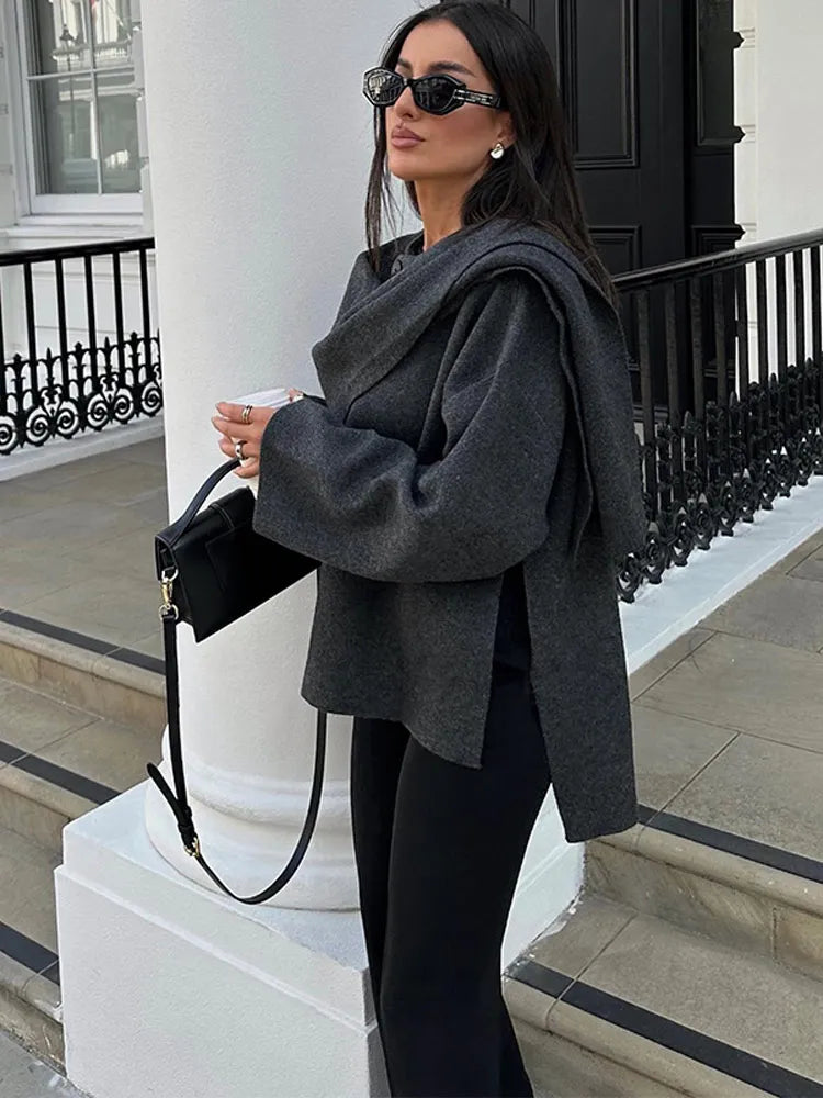 2024 New Fashion Scarf Collar Woolen Jackets For Women Elegant Long Sleeved Side Split Casual Coats Female Chic Autumn Overcoats voguable
