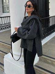 2024 New Fashion Scarf Collar Woolen Jackets For Women Elegant Long Sleeved Side Split Casual Coats Female Chic Autumn Overcoats voguable