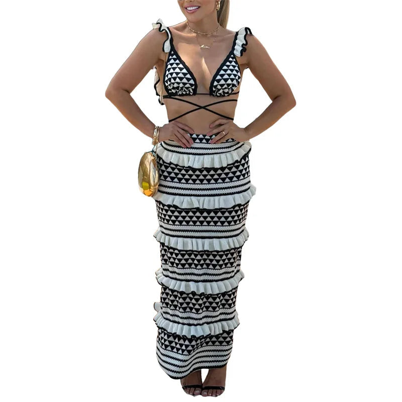 Vacation 2 Piece Set Women Striped Geometric Sleeveless Knitted Tank Top Bra and Layered Ruffles Long Skirt Beachwear voguable