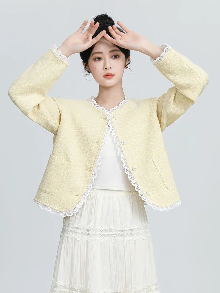Sweet Yellow Tweed Jackets Women Vintage Lace Patchwork Elegant Short Coat French Retro Casual O Neck Long Sleeve Fall Outwear voguable