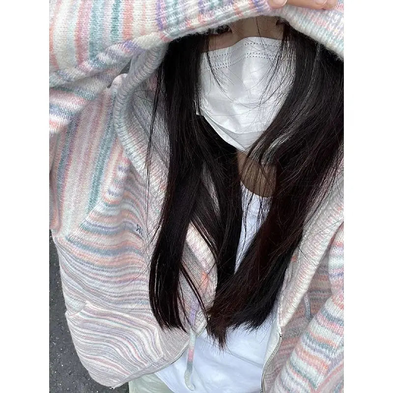 Japanese Y2k Rainbow Striped Kawaii Cardigans Women Autumn All Match Hooded Sweaters Loose Zipper Grunge Knitted Coat Pull Femme voguable