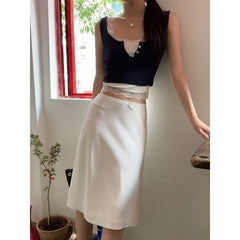 Elegant White Women Satin Skirt Fairycore Ruffle Mid Skirts Coquette A-line Basic Casual Korean Style Summer Silk Skirt voguable