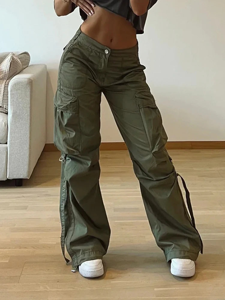 Voguable  Cargos Style Parachute Pants Low Waist Women Joggers Harajuku Pockets Baggy Wide Leg Trousers y2k Streetwear Casual voguable