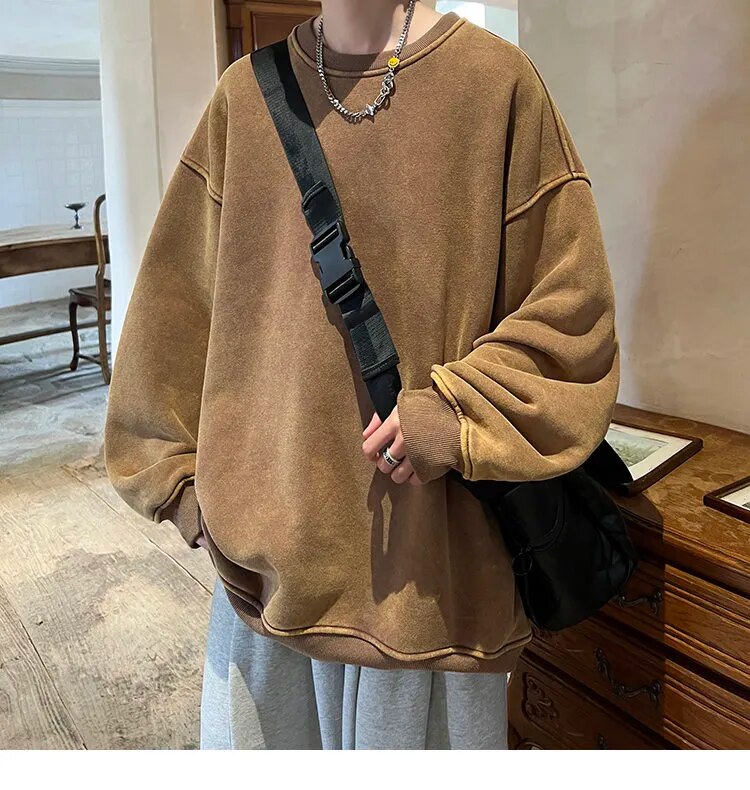 American Washed Old Pullovers Sweatshirts Men Loose Solid Color Autumn Large Size Warm O Neck Tops Hip Hop Y2k Sweatshirt voguable