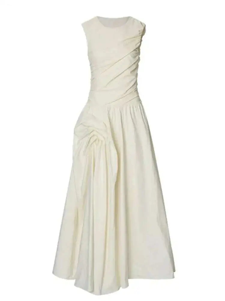 Solid Fold Design Long Dresses For Women High Waist Round Neck Sleeveless Elegant Dress Female Autumn 2025 New voguable