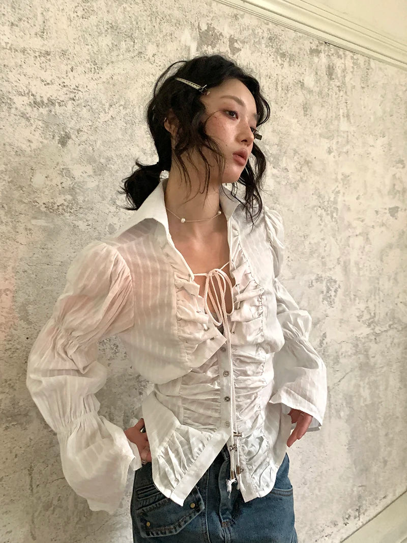 Yedinas Fairycore Style Blouse Women Clothes Flare Sleeve Lace Up Single Breasted Bowknot Shirt Women Tops 2023 Autumn Chic Y2k voguable