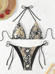 Voguable  Fashion Sexy Leopard Laced Up Bikini Women Split Swimsuit Beach Vacation Bikini All Season Backless Bikini 2 Piece Set voguable