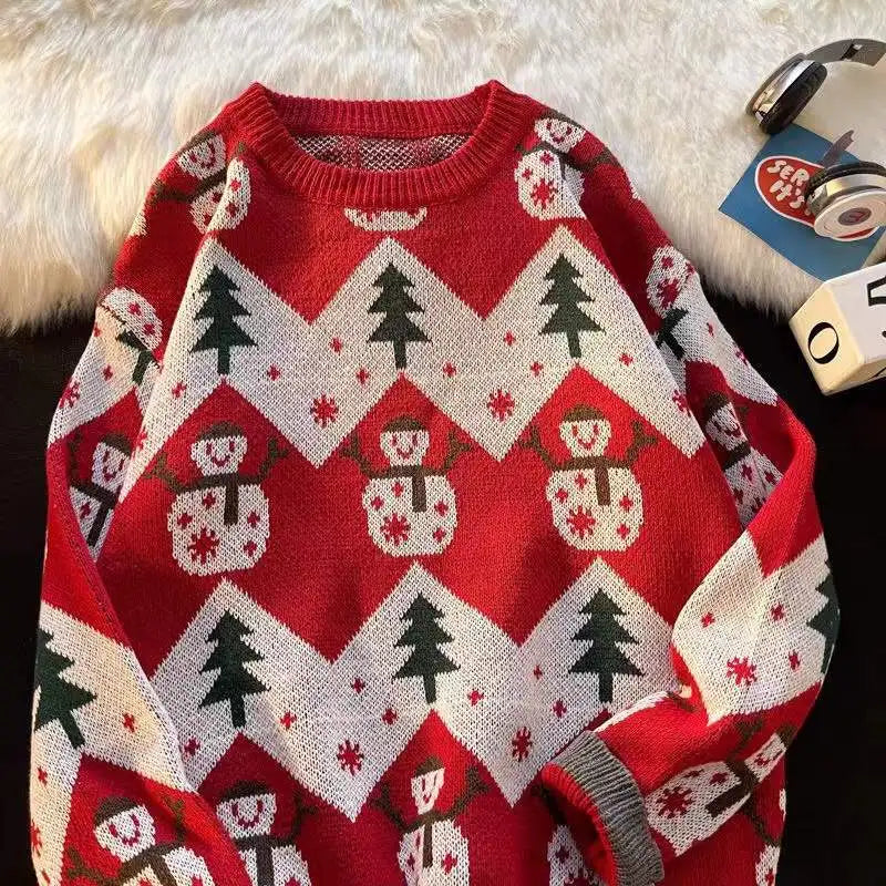New Year warm pullovers round neck sweater women street stitching Christmas tree jacquard sweater ins couple loose in winter voguable