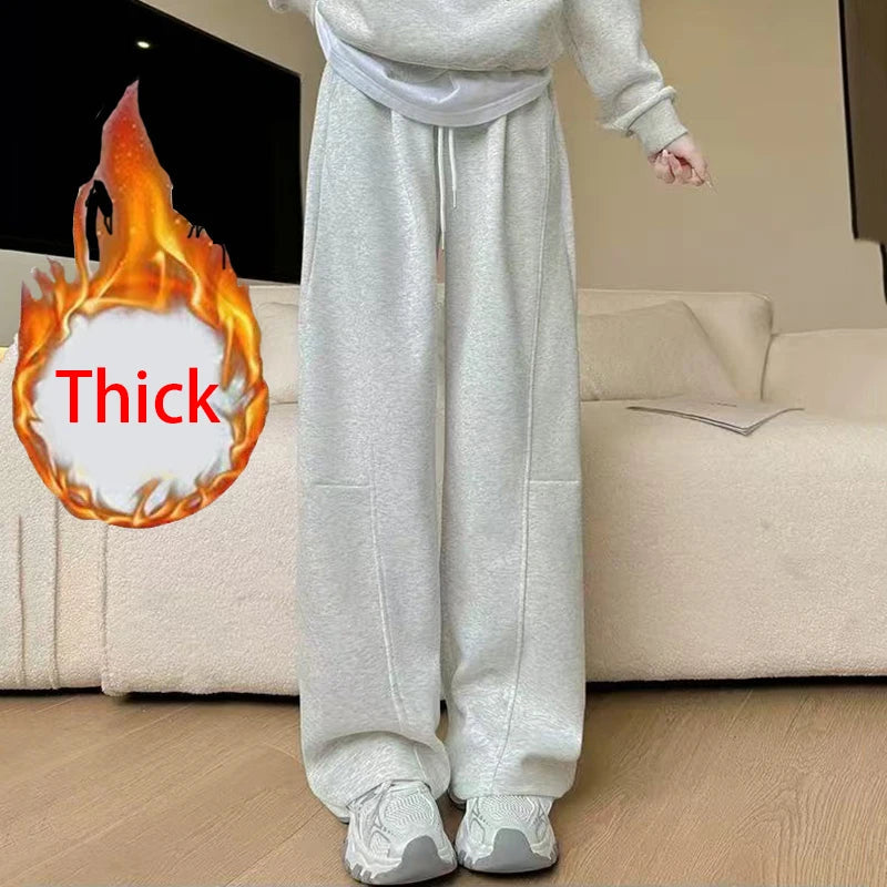Drawstring Wide Leg Sports Pants Women Autumn Winter Thick Warm Casual Sweatpants Woman Elastic High Waist All Match Trousers voguable