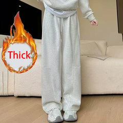 Drawstring Wide Leg Sports Pants Women Autumn Winter Thick Warm Casual Sweatpants Woman Elastic High Waist All Match Trousers voguable