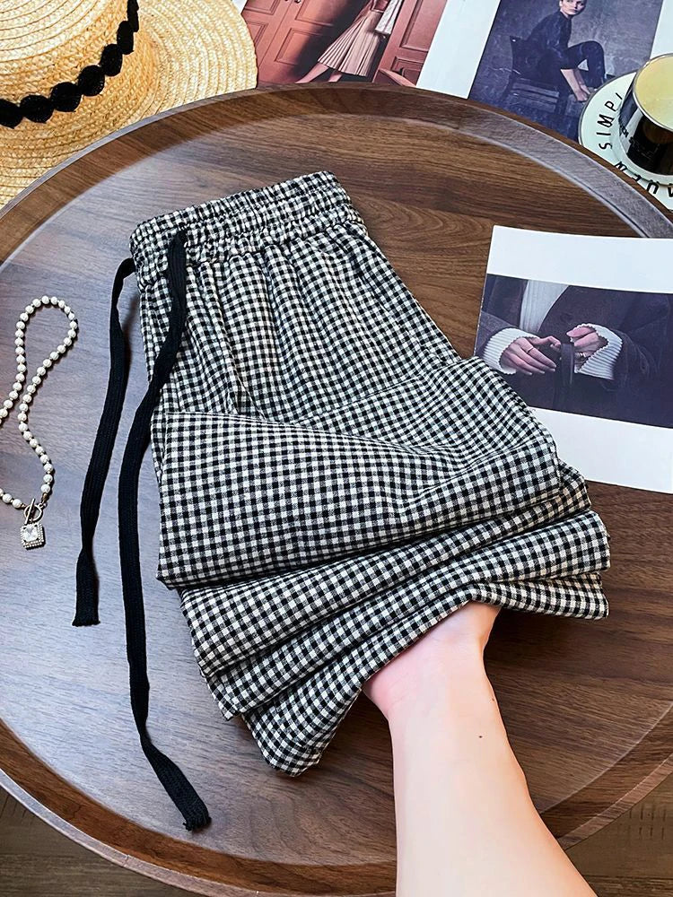 Korean Chic Plaid Casual Pants Women Summer High Waist Retro All Match Wide Leg Pants Y2K Loose Drawstring Straight Trousers voguable