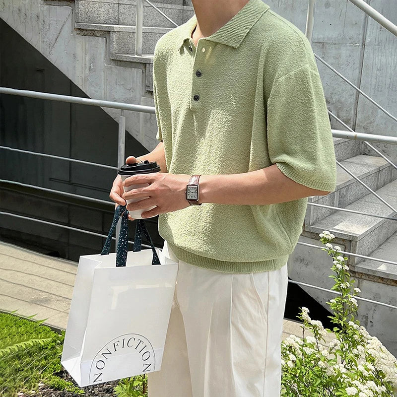 New Summer Simple Retro Men Polo Shirt Leisure Vintage High Quality Knit T-shirt Casual Korean Style Loose Breathable Tops M-2XL voguable