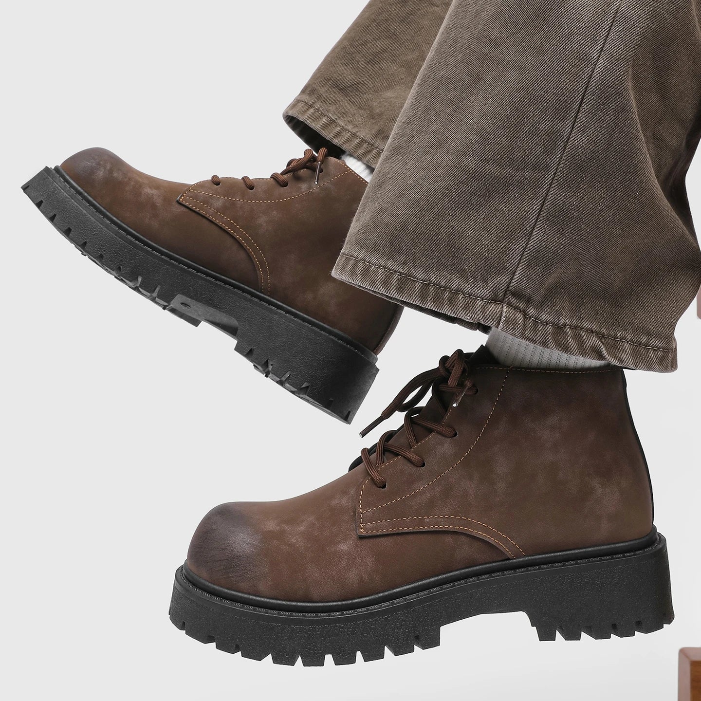 Voguable  Unisex Height Increasing Leather Boots – Vintage Round Toe Lace-Up Thick Bottom Ankle Shoes for Fall Winter Daily Wear voguable