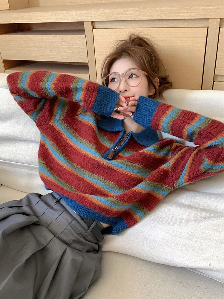 Voguable  Vintage Harajuku Striped Sweater Women Sexy Cropped Knitted Pullover American Retro Turn Down Collar Design Casual Tops voguable