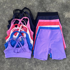 Voguable  Solid Color High Waist Gym Yoga Short Legging Set Tight Women Cross Back High Impact Shoulder Strap Fitness Bra Top Sportwear voguable