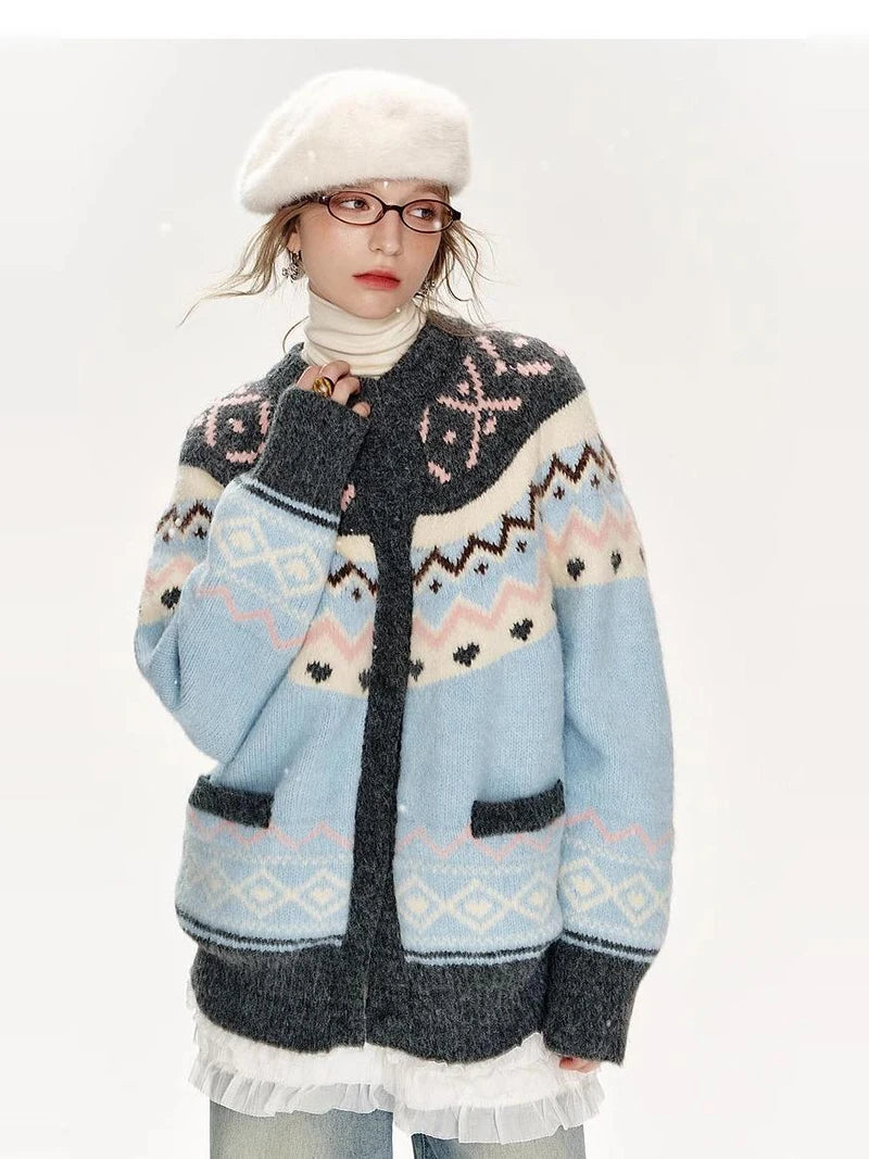 American Retro Print Cardigan Women Loose Lazy Wind Harajuku Knitted Sweater Casual Fall Winter Vintage O Neck Female Y2K Tops voguable