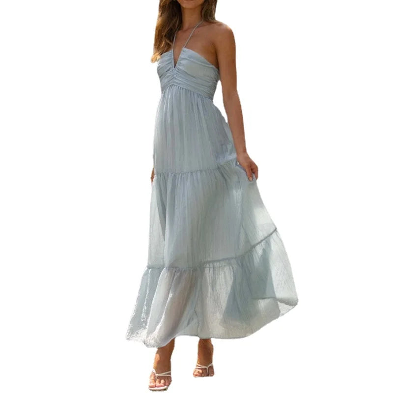 Voguable  Women's Summer Chiffon Halter V Neck Sleeveless Floral Flowy A Line Maxi Dress Boho Backless Tiered Swing Long Beach Dresses voguable