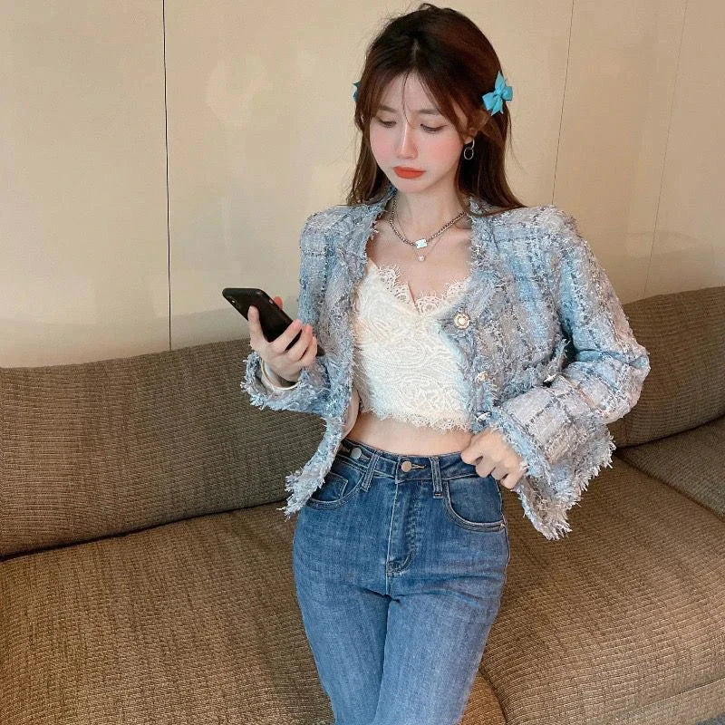Chic Tassel Slim Tweed Jacket Women Casual Sweet Long Sleeve Short Coat Korean Fashion O Neck Elegant Design Plaid Tops New voguable