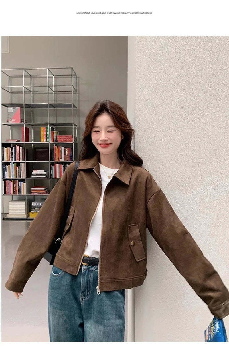 American Y2K Jacket Women Vintage Loose Faux Suede Long Sleeve Casual Coat Hip Hop Fall Winter Lady Streetwear New Outwear voguable