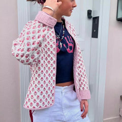 Voguable  Fashion Women's Quilted Jacket Double Sided Printed Mock Neck Long Sleeve Button Down Coat Casual Outerwear Y2K Clothes voguable