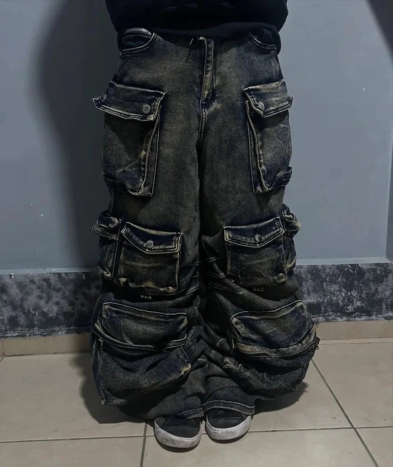 Y2K New Fashion Washed Multi-pocket Old Baggy Tooling Jeans Men Vintage Hip-hop Straight Casual Punk High Waist Wide Leg Pants voguable