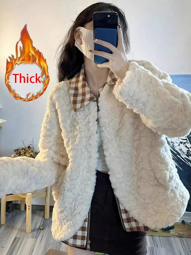 Sweet Cute Faux Lamb Coat Women Winter Thick Warm Plaid Patchwork Jacket Vintage Preppy Style Long Sleeve Kawaii Outwear Tops voguable