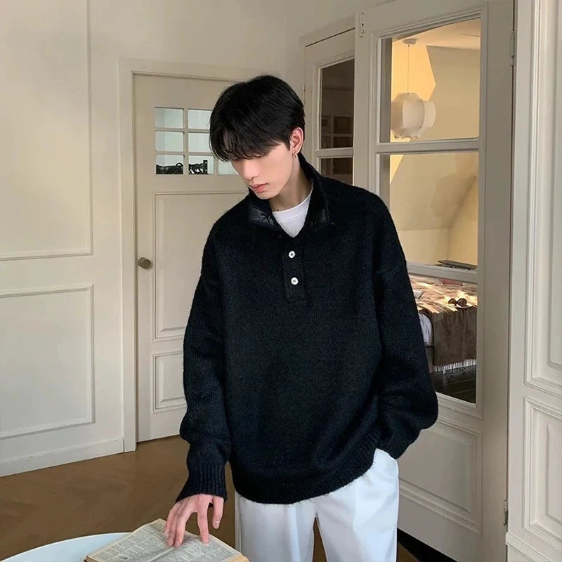 Korean Fashion Men Henry Sweaters Light Luxury Solid Color Long Sleeve Knitwear Premium Quality Button-down Knit Pullover M-3XL voguable