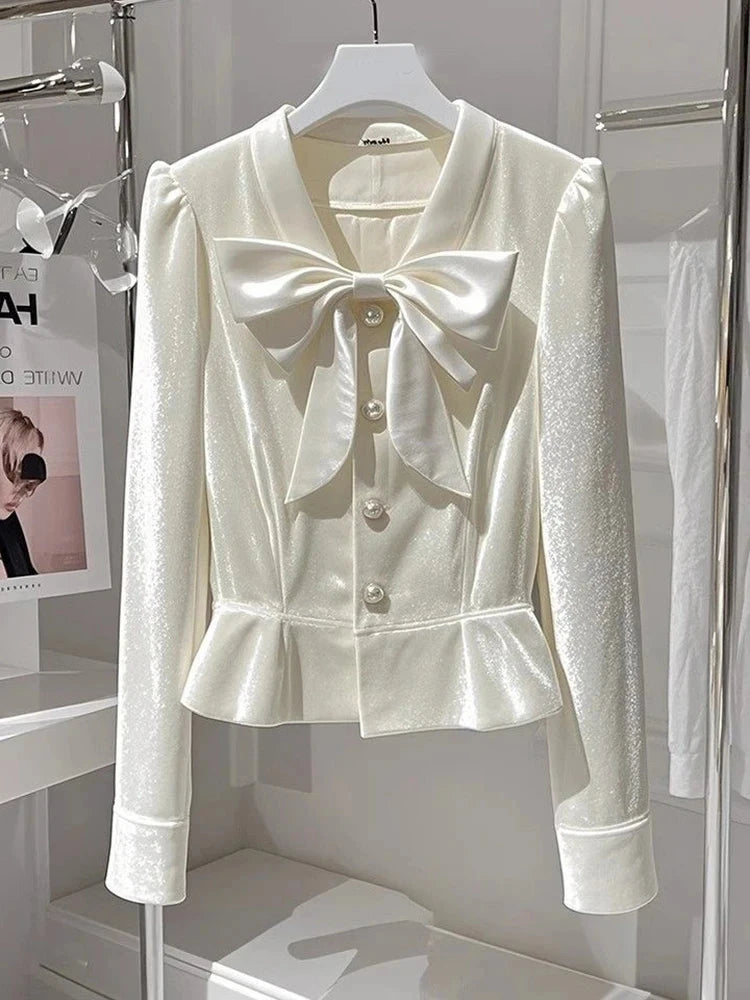 Chic Bow Velvet Elegant Shirt Women Slim Long Sleeve V Neck Fashion Blouse Korean Casual Fall Single Breasted Female Sweet Tops voguable