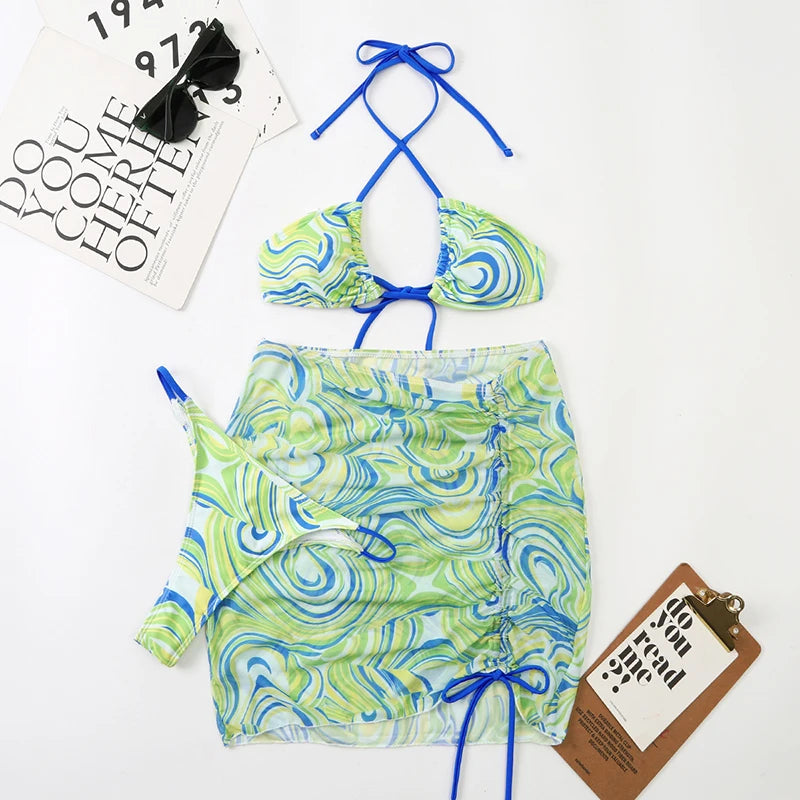 Voguable  3 Pieces Bikini Set With Skirt  Tie Dye String Thong Bathing Suit Women Swimsuit Female  Swimwear Beach Wear Swim Lady Summer voguable