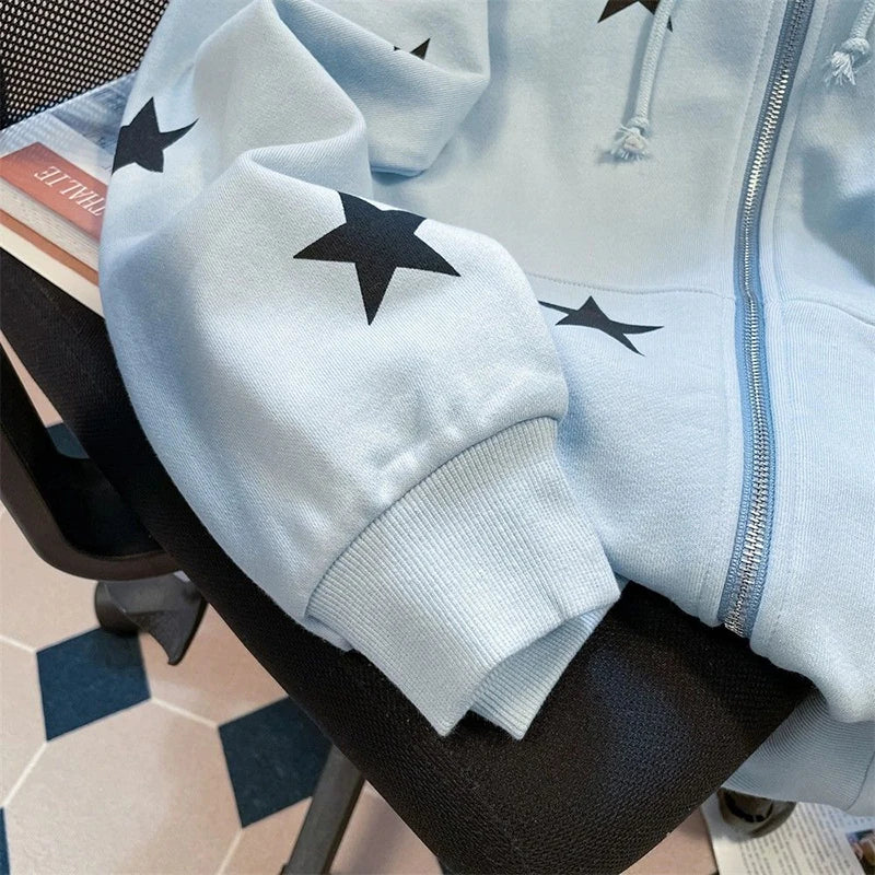 Stars Print Hoodies Women Vintage Streetwear Long Sleeve Loos Blue Sweatshirts Casual Pockets Lace Up American Fall Tops voguable
