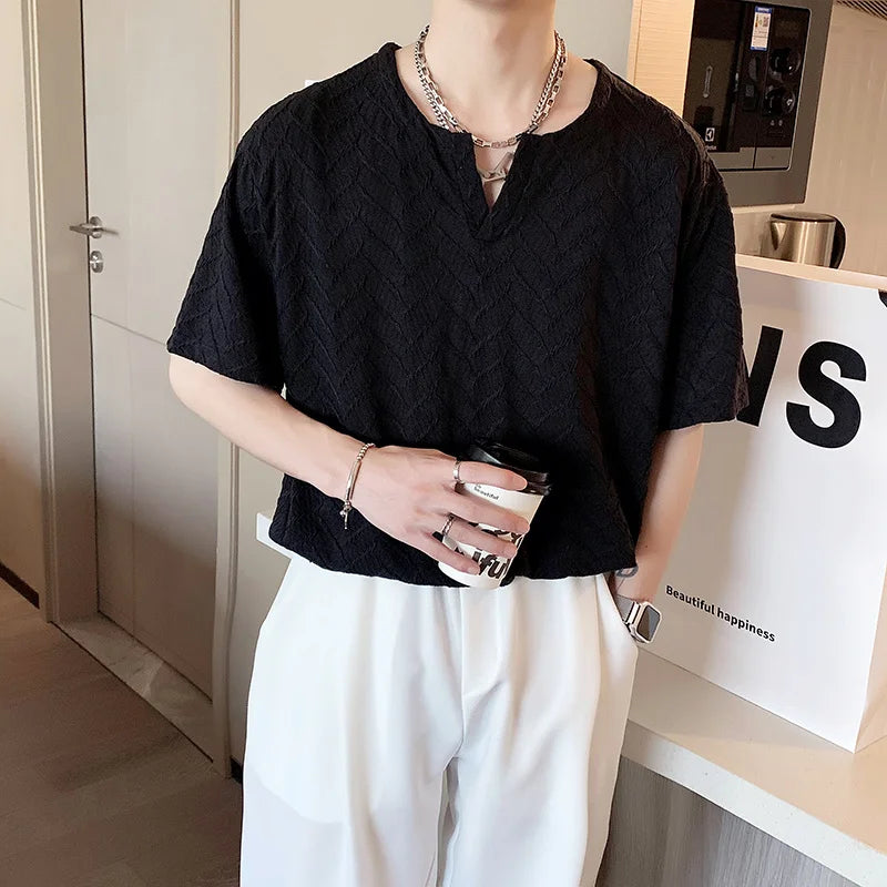 Voguable Summer Short-sleeved T-shirt Men Fashion Casual Black White Pleated T-shirt Men Streetwear Korean Loose V-neck T Shirt Men Tops voguable