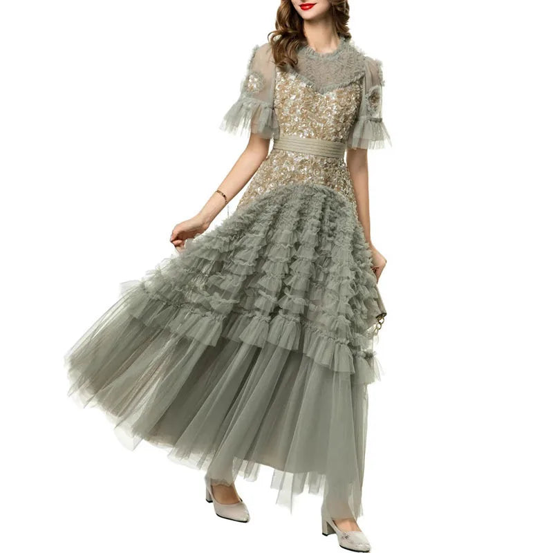 Fashion Women Dress Short Sleeve Round Neck Lotus Leaf Edge Lace Splicing Sequins Female Party Dress New Tide voguable