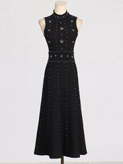 Solid Beaded Diamond Spliced Long Dresses For Women Round Neck High Waist Elegant Dress Female Summer 2025 New voguable