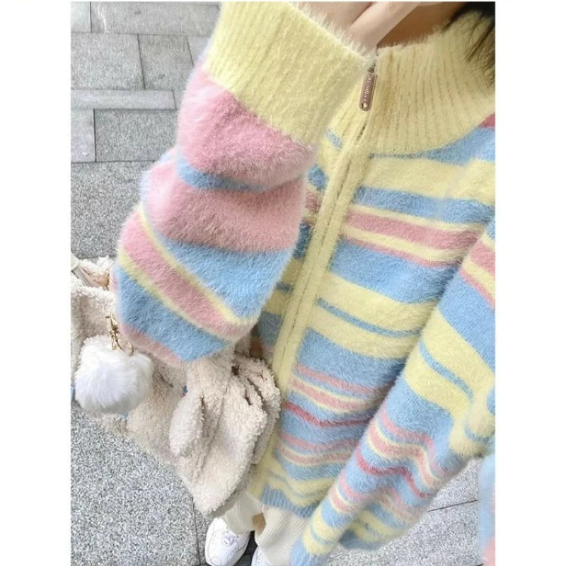 Striped Knit Splice Zipper Stand-UP Collar Sweater Autumn Winter Oversized Pullover Knitwear Women Soft Sweet Simple Cardigan voguable