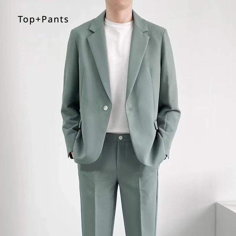 Voguable S-6XL Men's Business Casual Suit Korean Style Trendy Slim Fit 2 Piece Set Solid Color （Blazer+ Pants )Groom Wedding Dress Party voguable