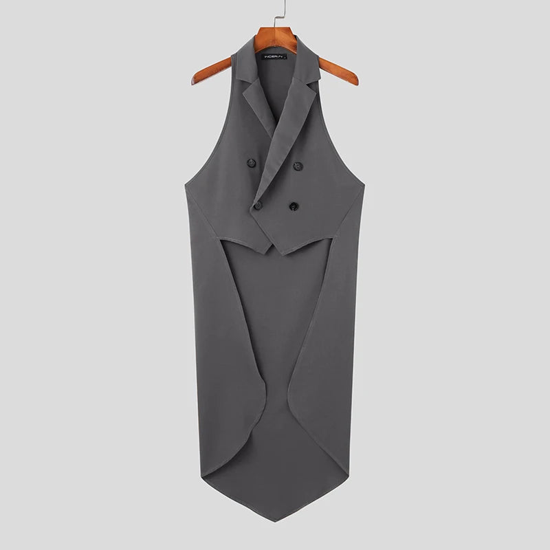 Men Vests Solid Color Lapel Sleeve Double Breasted Irregular Blazer Vests Streetwear Fashion Casual Male Waistcoats voguable