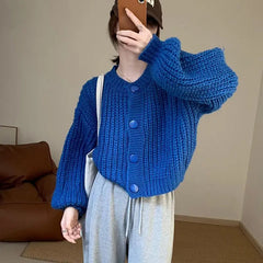 Warm Color Vintage Fashion Women Sweater Coat New Korean All-match V-Neck Knitted Lantern Sleeve Chic Loose Thick Cardigans Tops voguable