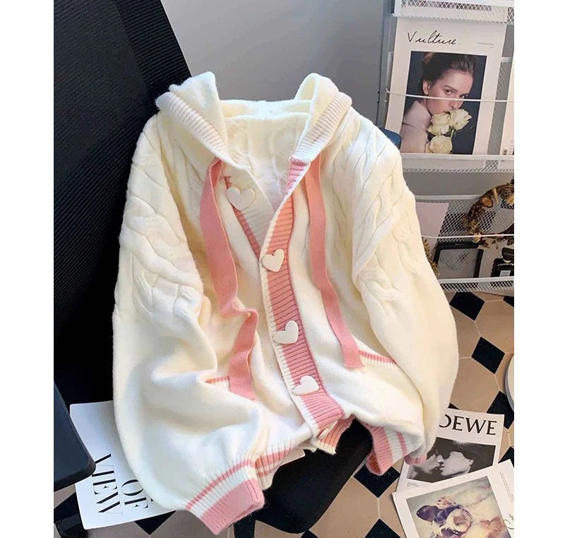 Cute Sweet Cardigan Sweaters Women Lazy Wind White Knitted Coats Long Sleeve Loose Female Japan Kawaii Elegant Hooded Tops voguable