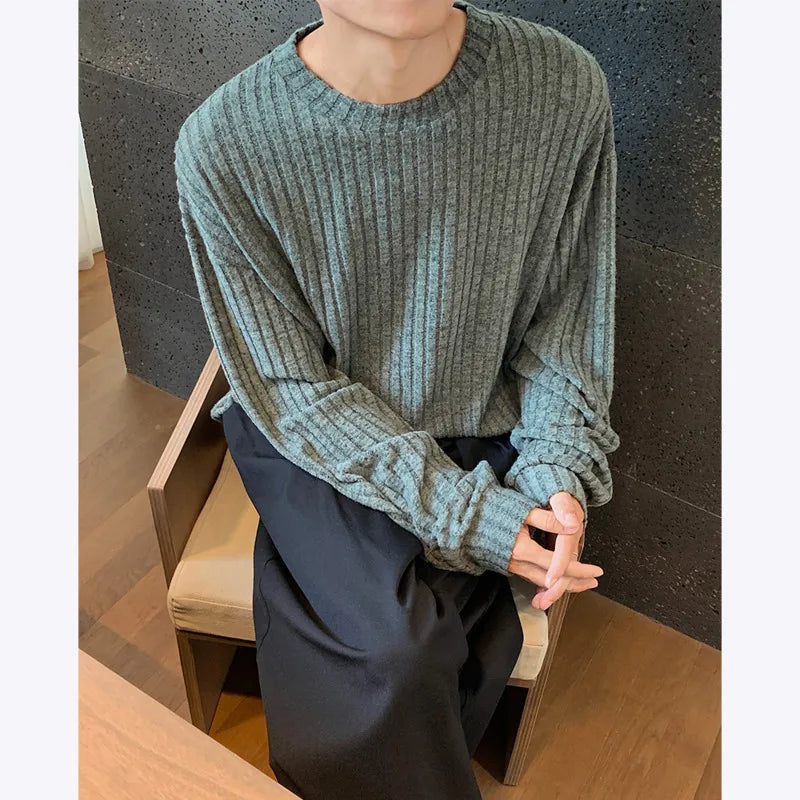 Autumn Long Sleeved T-shirt Men Oversized Fashion Casual Striped T Shirt Men Streetwear Korean Loose Round Neck Tshirt Mens Top voguable