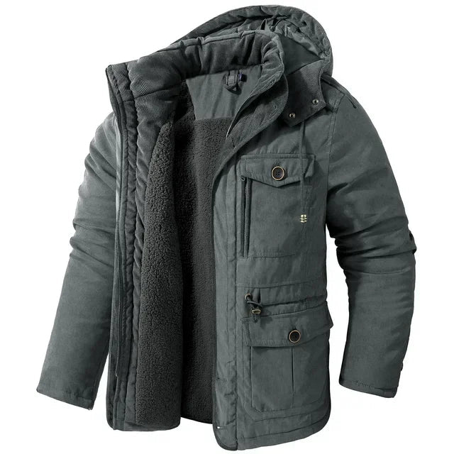 Lamb Warm Men's Parkas Jacket Hooded Winter Men's Clothing Fleece Hooded Cotton Thickened Multi Pocket Casual Mid Length Coat voguable