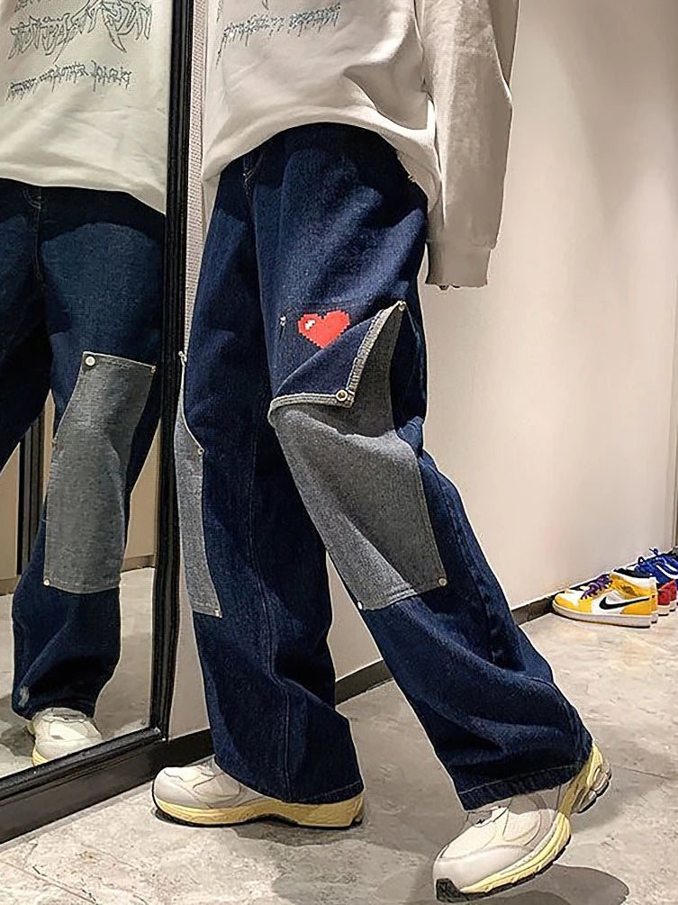 Voguable  Harajuku Wide Leg Baggy Cargo Jeans Pants Men Heart Oversize Straight Casual Denim Long Trousers Streetwear Vintage Y2k Hip Hop voguable