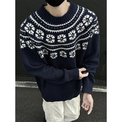 Vintage Navy Blue Sweater Jacquard O-Neck Knit Pullover New Autumn Winter Loose Couple Knitted Sweater Tops Aesthetic Streetwear voguable