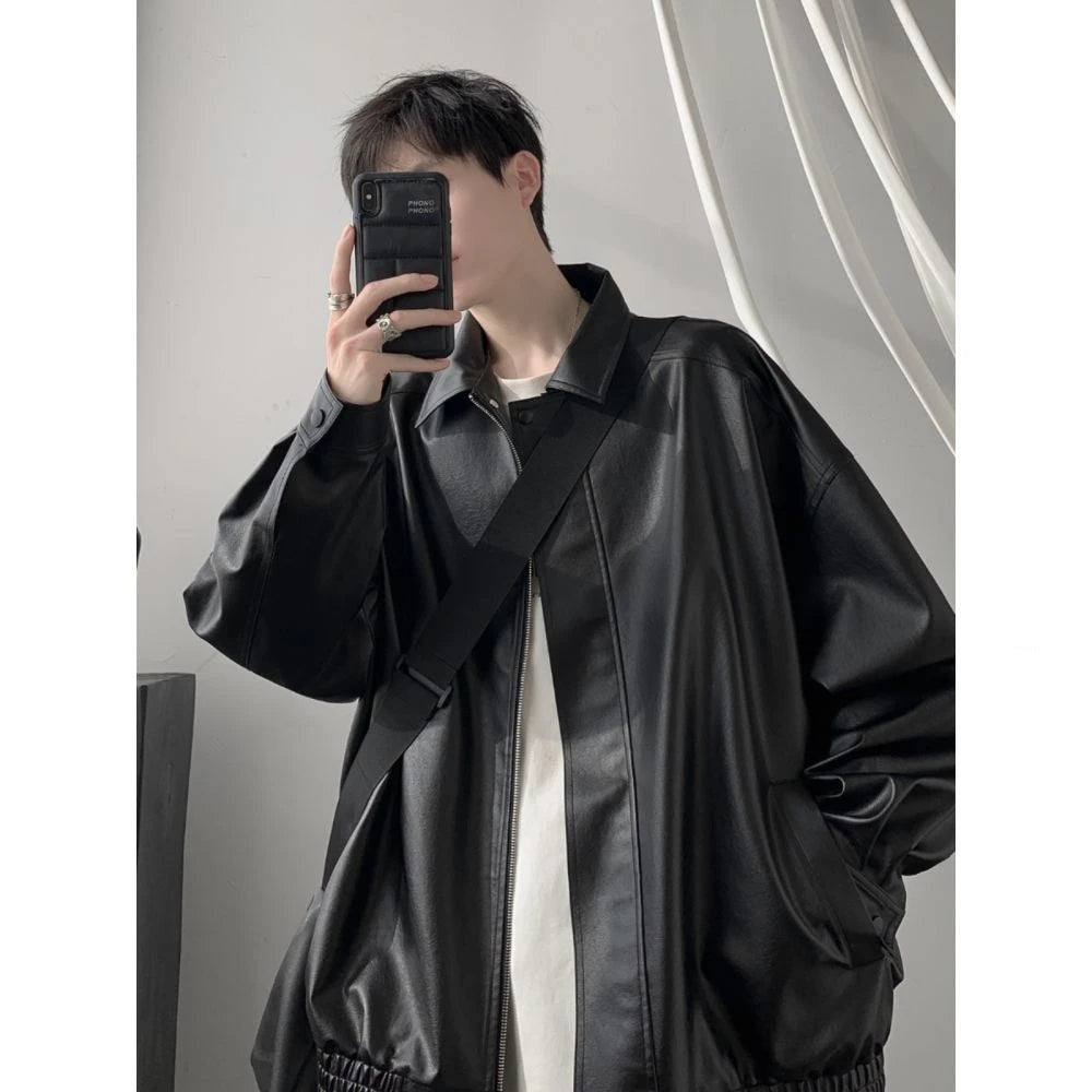 Brown Pu Leather Jacket Men and Women American Vintage Autumn High-end Casual Lapel Zipper Loose Fashion Motorcycle Jacket voguable