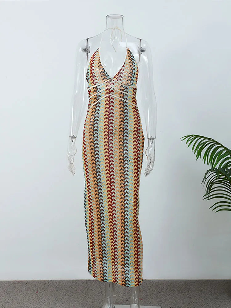Sexy Contrast Striped Knit Halter Dress Women Fashion Loose Backless Maxi Dresses Summer Chic Female Beach Party Vestidos voguable