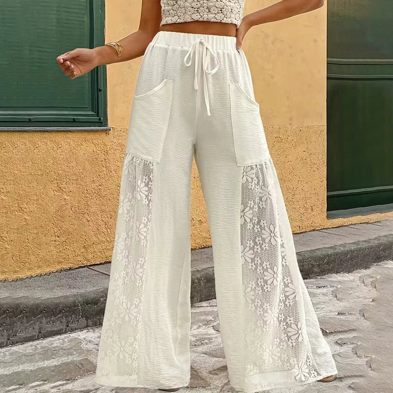 Voguable  Summer Lace Patchwork High Waist Drawstring Pockets Loose Fit Wide-leg Pants Casual Beach Vacation Comfortable Trousers Clubwear voguable